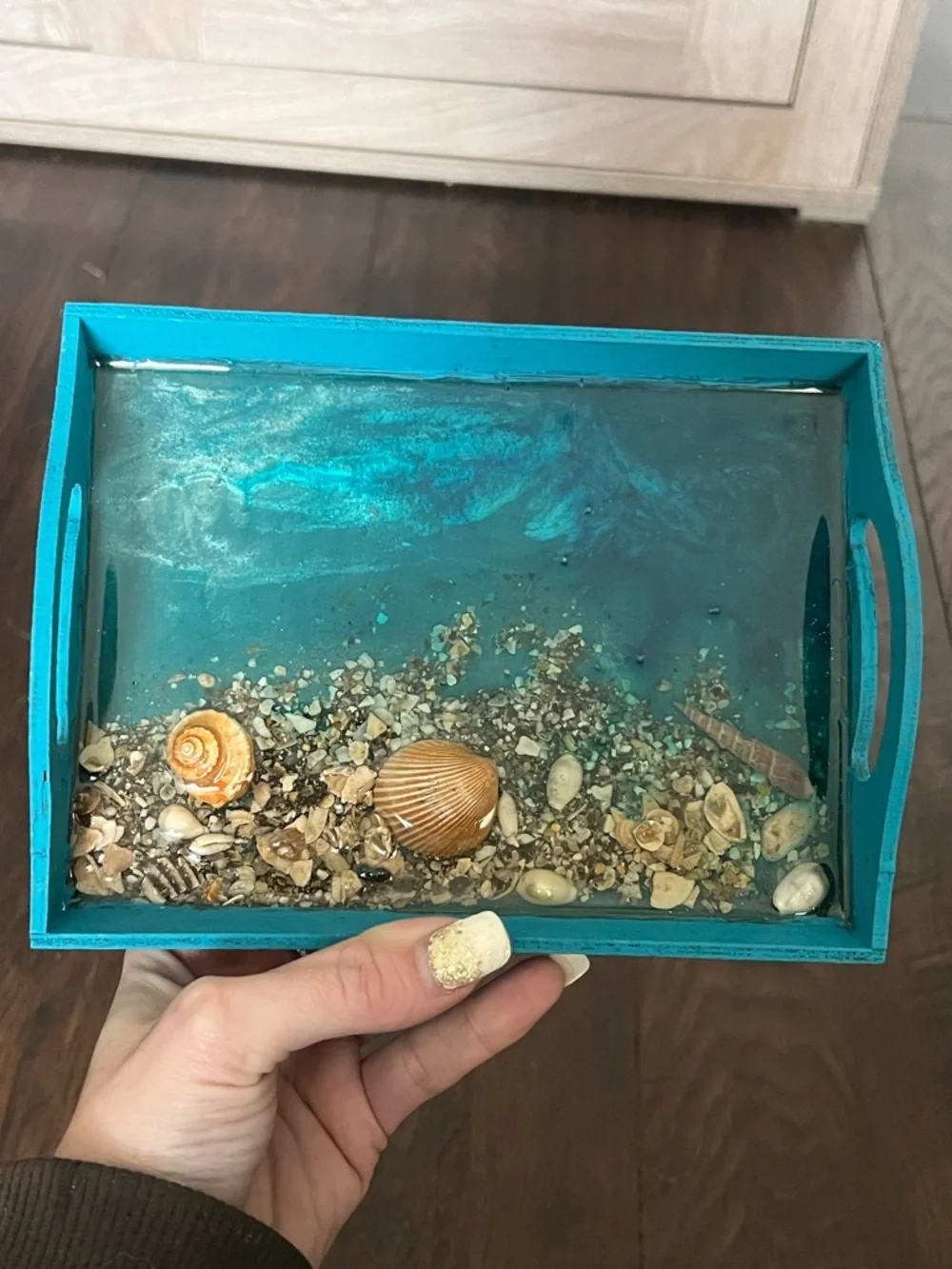 Teal Coastal Wooden Decorative Serving Tray with Shell Accent and Resin Ocean